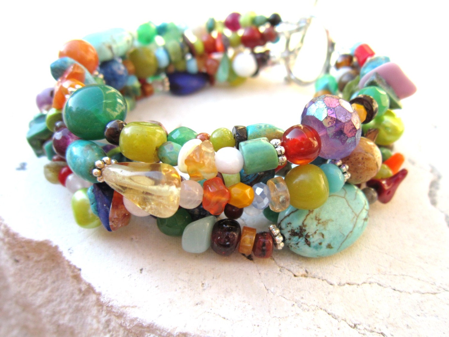 Multi Color Beaded Bracelet. Six Strand Bracelet. Chunky Boho