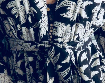 Kiyomi Black Bagru Print Maxi Kimono Robe Dressing Gown, 100% Indian Cotton, Byron Bay