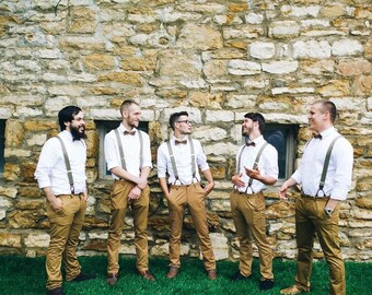 5 Mens Bowties in Brown Linen, Groomsmen Bow Tie, Groom Bow Tie, Wedding Bow Tie, Rustic Wedding, Adjustable Bow Tie