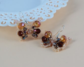 Champagne crystal earrings Bridal butterfly earrings Peach beaded earrings Bridesmaid earrings Crystal bridal earrings Weddings gift jewelry