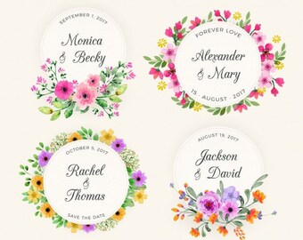 Watercolor Wedding Square Labels, Floral Pink Yellow Initial Stickers, Wedding Stickers for Wedding Favors, Paper Bag Favor Labels, Monogram