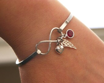 Angel Wing Infinity Bangle, Angel Wing Heart Infinity Bracelet, Angel Wing Birthstone Bracelet, Memorial Gifts, Miscarriage Gifts, Forever