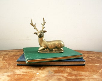 vintage 70s Mid Century Brass Laying Buck Deer Figurine // Retro Christmas Decor