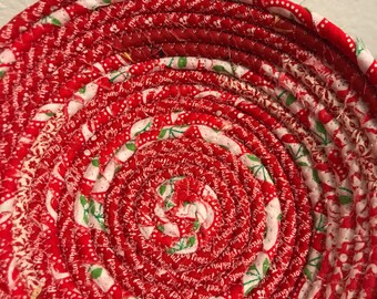 Fabric wrapped coiled basket rope-red, white, and green