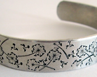 Dandelion bracelet. Hand-stamped aluminum cuff bracelet