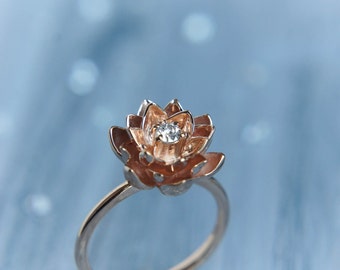 Gold flower engagement ring, diamond ring, rose gold ring, unique engagement ring, proposal ring, lotus ring, 14K gold ring, red gold ring