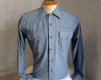 80s Lg Naval Gulf Apparel Navy Utility Shirt Blue Chambray