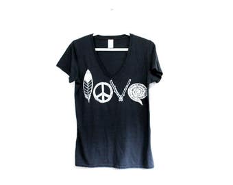 LOVE Screen Print Tshirt. Bamboo Organic Cotton. Womens Love Shirt. Peace Feather Top. Hippie Love Design. Festival Fashion. Love Sign Tee
