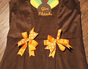Sale Thanksgiving dress, Girls thanksgiving dress, Turkey dress,Girls jumper, toddler jumper, Brown Corduroy Jumper with Turkey Applique
