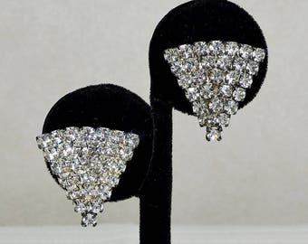 Vintage Rhinestone Earrings, 1950s, Clip on Earrings, Triangle