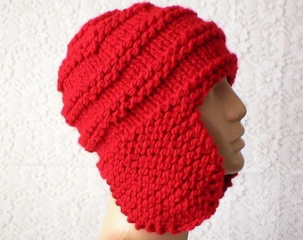 Red ear flap hat, trapper cap, winter hat, knit hat, toque, red hat, mens womens hat, chemo cap, red knit hat, ski toboggan biker hiking hat