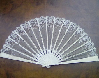 Vintage French Lace Fan with Sequins Circa late 19th Century Ivorine Folding Fan