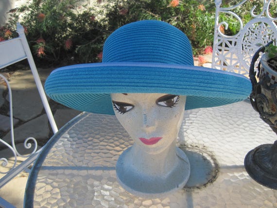 Garden Party Hat - Aqua Wide Brim - Scala Tag - Handcrafted Headwear - Beach Sun Hat