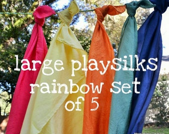 Playsilks, Rainbow Set of Five Waldorf Inspired Large Play Silks, 35 x 35. Natural Toy, Open Ended Play, Dress Up, Montessori