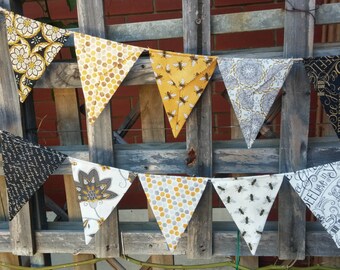 Bee bunting, flags, garland or banner - golden yellows, greys, creams and blacks