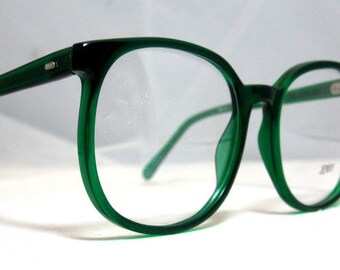 Vintage 80s Large Square Horn Rim Eyeglass Frames. Bright Emerald Green