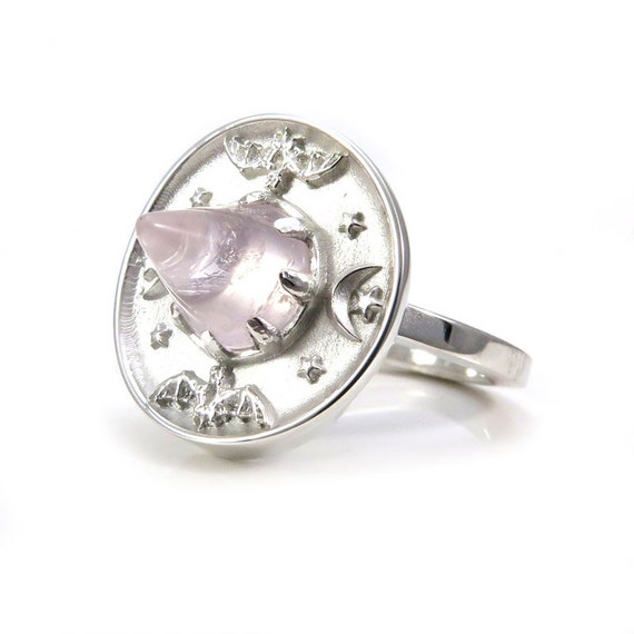 White Witch Rose Quartz Witch Hat Ring with Bats, Moons and Stars - Limited Edition