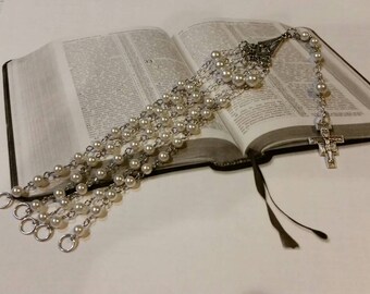 Open style five decade rosary, silver toned, white glass pearls, San Damiano crucifix, religious, Catholic, hand-wired