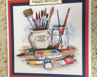 Handmade Happy Birthday 3D decoupage artist, painter, painting hobby card 6" x 6"