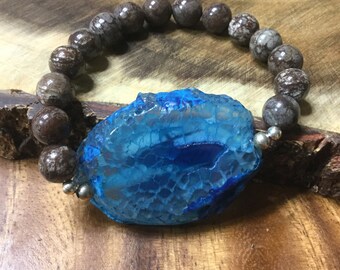 Snowflake obsidian bracelet, blue agate slab bracelet, blue agate slice bead, blue agate bracelet, brown blue gemstone bracelet, agate slab