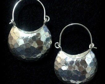Lunar Earrings, ECLIPSE Earrings, Half Moon Earrings, Dangle Hoop Earrings, Hammered Earrings, Sterling Silver Jewelry, Her Birthday Gift