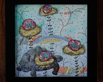 Tank the Tortoise-Framed 6x6" Mixed Media Collage Painting