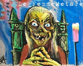 Cryptkeeper "Hello Boys and Ghouls" 9x12 original oil pastel art Tales From the Crypt #Goretober drawing