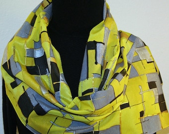 Yellow Gray Silk Scarf Handpainted Silk Shawl GOLDEN PATCHWORK, by Silk Scarves Colorado. Select Your SIZE! Birthday Gift, Anniversary Gift