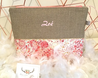 Personalized toiletry bag in linen and Liberty of London Adelajda coral