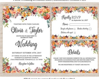 Rustic Floral Wedding Invitation Suite / Fall Wedding Invitation Set / Autumn Wedding Invite / Printable Invitation Set / Fall Floral / 014