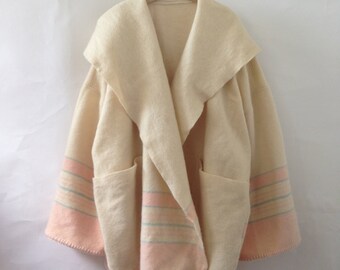 Woollen Soho Kimono Womens Clothing in rich cream and pastel pink Wool Long Style Jacket Coat medium large size with pompom