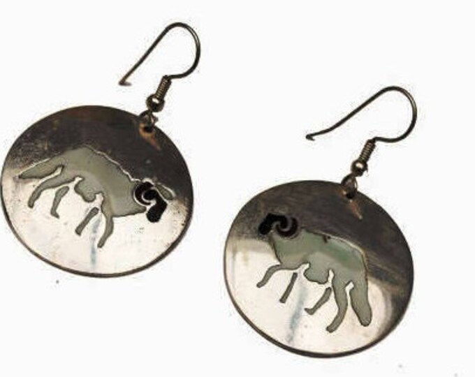 Silver Ram Dangle earrings - Mexico Alpaca - Black white Enamel - figurine earring