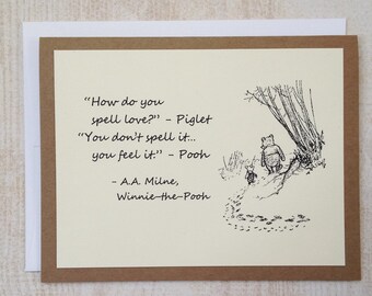 SET OF 4 How Do You Spell Love - Winnie the Pooh Quote - Classic Piglet and Pooh Note Card Cream On Kraft Brown