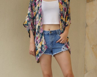 Handmade Kimono Cardigan (Japan) - bohemian kimono, handmade, chiffon, kimono jacket, boho, festival,floral, cover