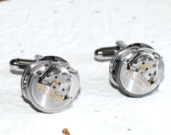 LONGINES Men Steampunk Cufflinks - RARE Longines Luxury Swiss Silver Automatic Vintage Watch Movement Men Steampunk Cufflinks / Cuff Links