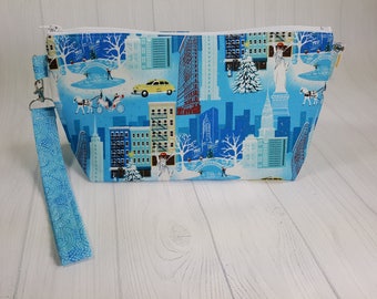 Small Knitting Project Bag - Winter in NYC - Zippered Wedge Bag, Zipper Knitting Bag, Cosmetic Bag, Sock Knitting Bag WS0074