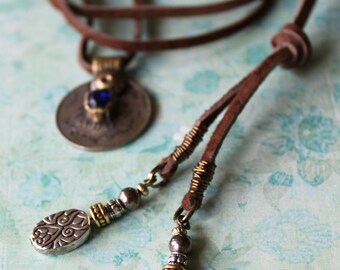 Boho Leather Beaded Lariat Necklace