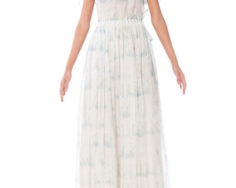 1970s Pale Blue Floral Ruffled Maxi Dress Size: