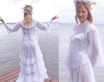 1910s Edwardian Dress, Bohemian Wedding Dress, Antique White Cotton Lace Dress, Boho Bridal Dress