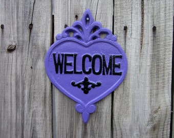 Welcome Sign, Lavender, Black, Plaque, Cast Iron, Welcome, Door Welcome Sign, Heart Plaque, Ornate Welcome Sign, Indoor, Outdoor