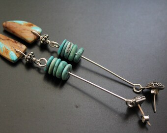Royston ribbon turquoise earrings, genuine turquoise earrings, long swingy earrings, handmade sterling earrings, Bali sterling post earrings