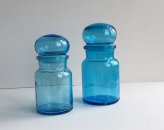Blue Apothecary Jars, Glass Canisters, Made in Belgium, Airtight Lids, Bubble Lid, Vintage Storage, 1960s Collectible Bottles