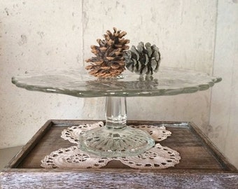 Save 30% Pressed Glass Cake Pedestal Dessert Stand, Clear Etched Glass Dessert Stand, Vintage Cake Pedestal, Cupcake Stand, Wedding Dessert