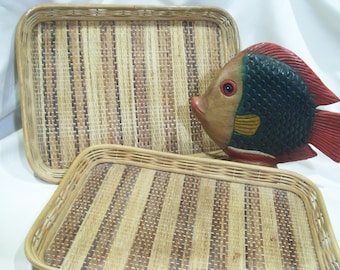 Woven Rattan Serving Trays Bamboo Tray Vintage Wicker Tray Rattan Tray Woven Trays Tiki Bar Serving Trays Woven Pattern