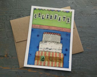 SALE! Celebration Card, Congratulations Card, Cake Card, Whimsical Card, Mixed Media Art Card, lime green, blue, pink, "Celebrate"