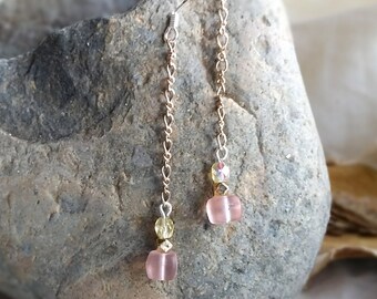 Peach Sea Glass and Crystal Chain Earrings