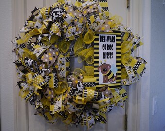 Dog Wreath, Beware Of Dog Kisses Wreath, Dog Wreath For Front Door, Dog Lover Wreath, Deco Mesh Dog Wreath, Designer Dog Wreath, Pet Wreath