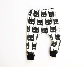 super hero mask organic harems / baby toddler harems / hipster baby clothes / cloth diaper / black and white super hero mask