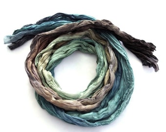 Colorful dyed scarf, silk scarf, ombre scarf, hand painted scarf, crinkle, long, coast, fashion, blue brown, gift for him Bohemian clothing