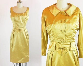 Vintage 1950s Shimmering Satin Gold Dress | Bolero | 26" Waist